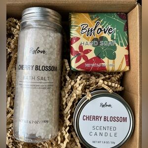NWT Bfflove Cherry Blossom Self Care Gift Set (bath salts, hand soap, candle)